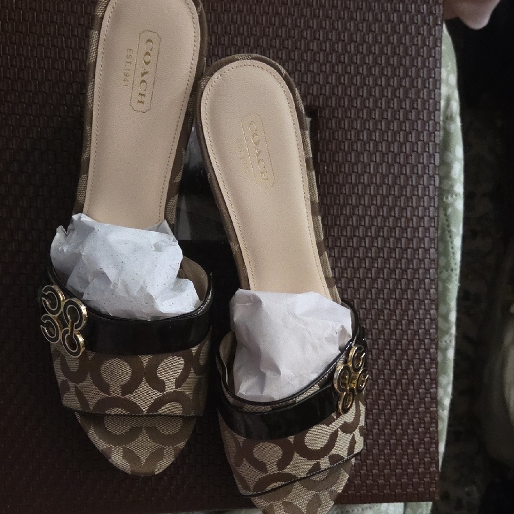 Coach Brown & Tan Signature Canvas Slide Mules with Gold Accent